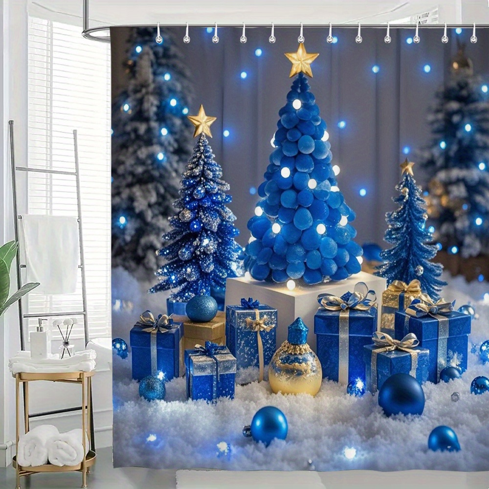 

Christmas Tree Print Woven Polyester Shower Curtain Set, Fashion Holiday Theme With Blue And Golden Decor, Non-transparent Draped Bath Partition With Hooks - 1pc