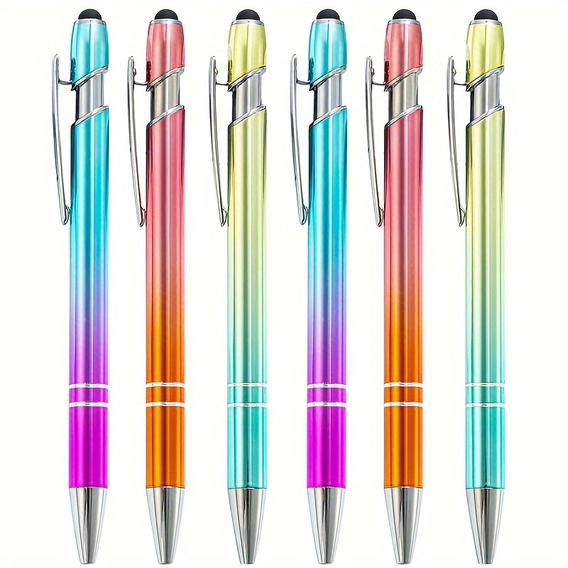 

6-pack Gradient Ballpoint Pens, Medium Point, Metal Retractable Pens With Touchscreen Stylus, - Themed Writing Instruments For 14+