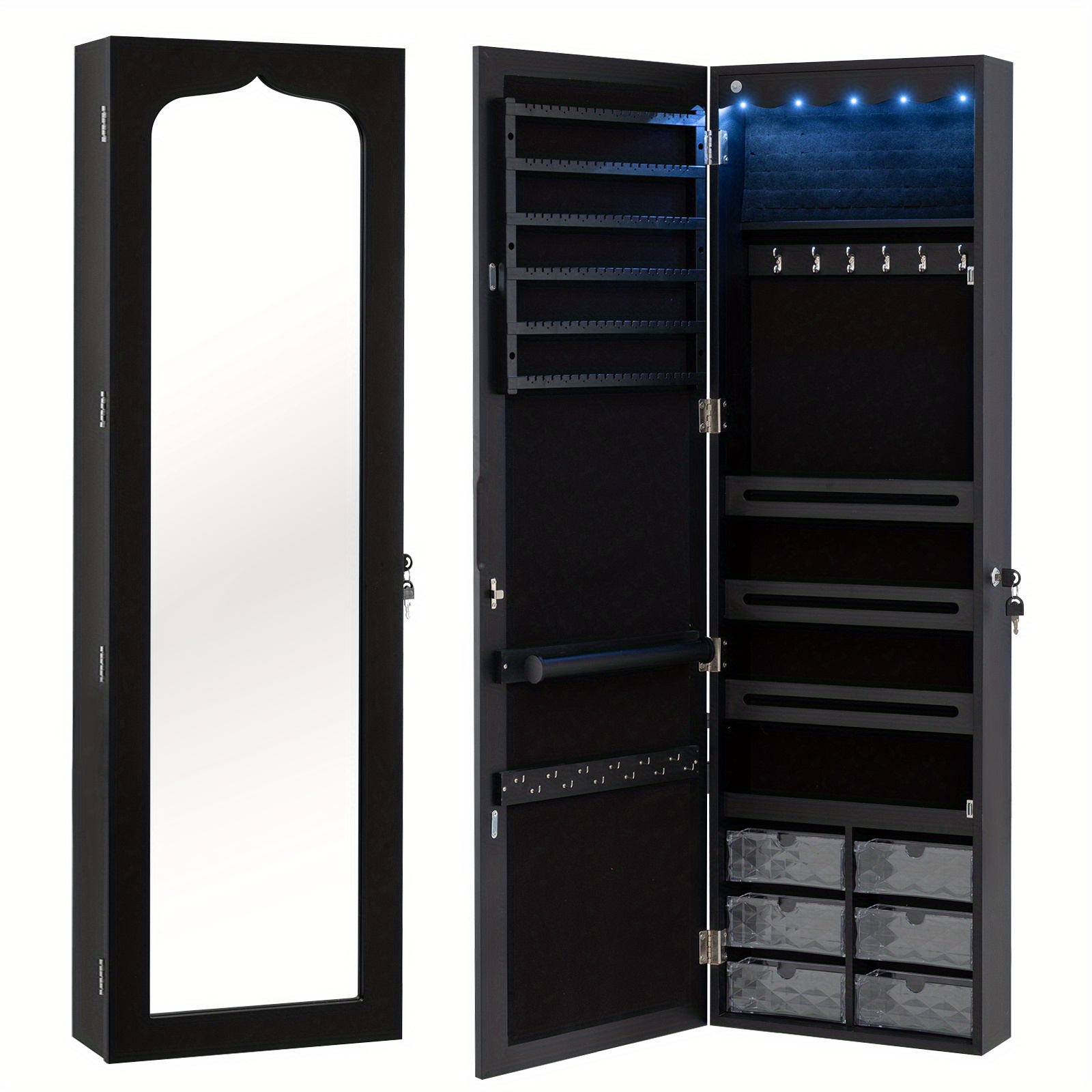 

Costway Jewelry With Full-length Mirror, Wall/door Mounted Lockable Jewelry Cabinet Organizer With Built-in Led Lights And Large Storage Capacity With Hooks, Shelves And Drawers