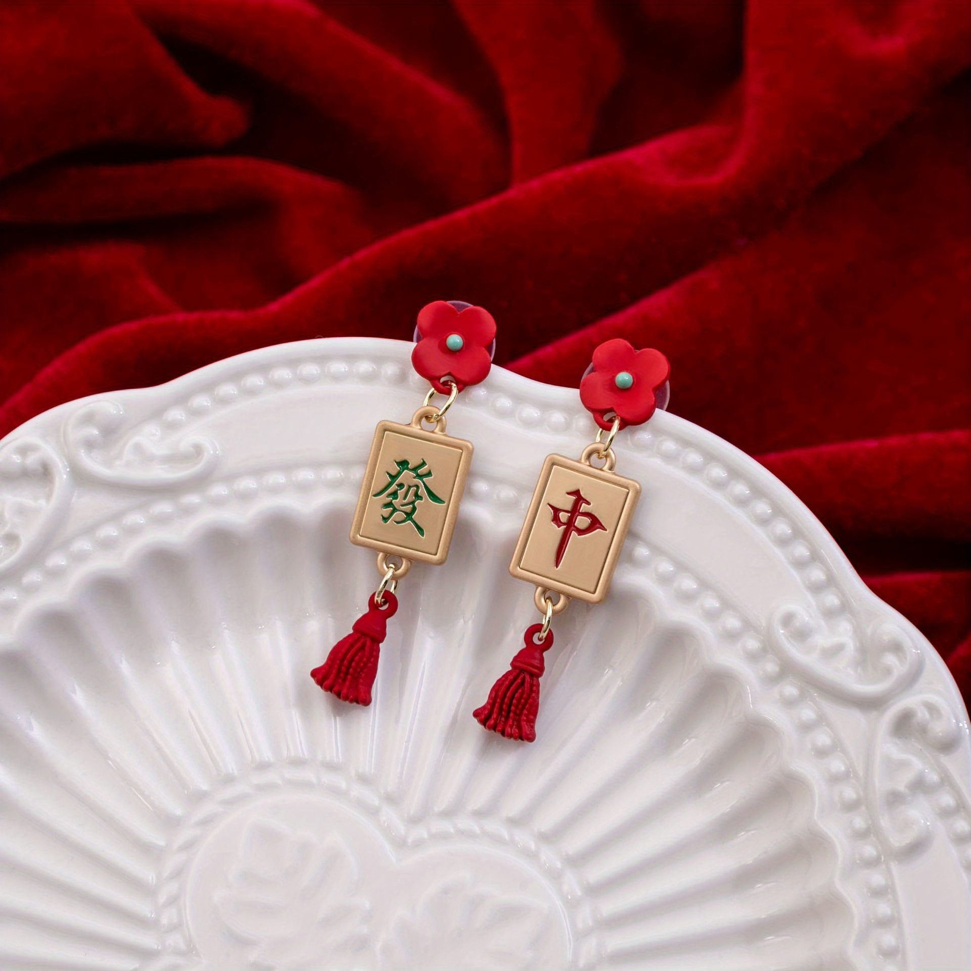 

1pc Silvery Needle Chinese Style New Year Earrings Mahjong Asymmetrical Earrings For Women