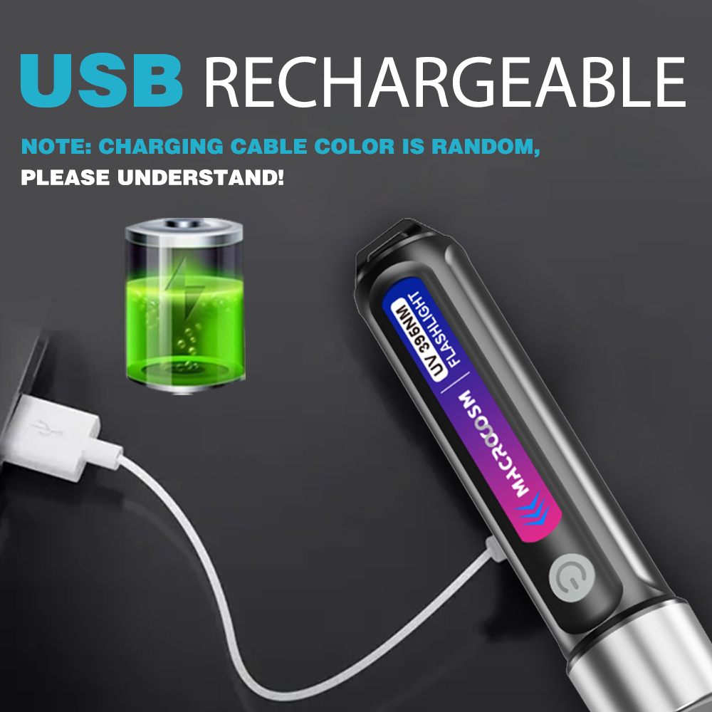 USB Rechargeable 395nm UV LED Flashlight - Portable Lithium Battery Light for Hotel Inspections, Urine Testing, Scorpion Finder, Nail Resin Curing, Camping & Fishing with USB Cable, Rechargeable Flashlight