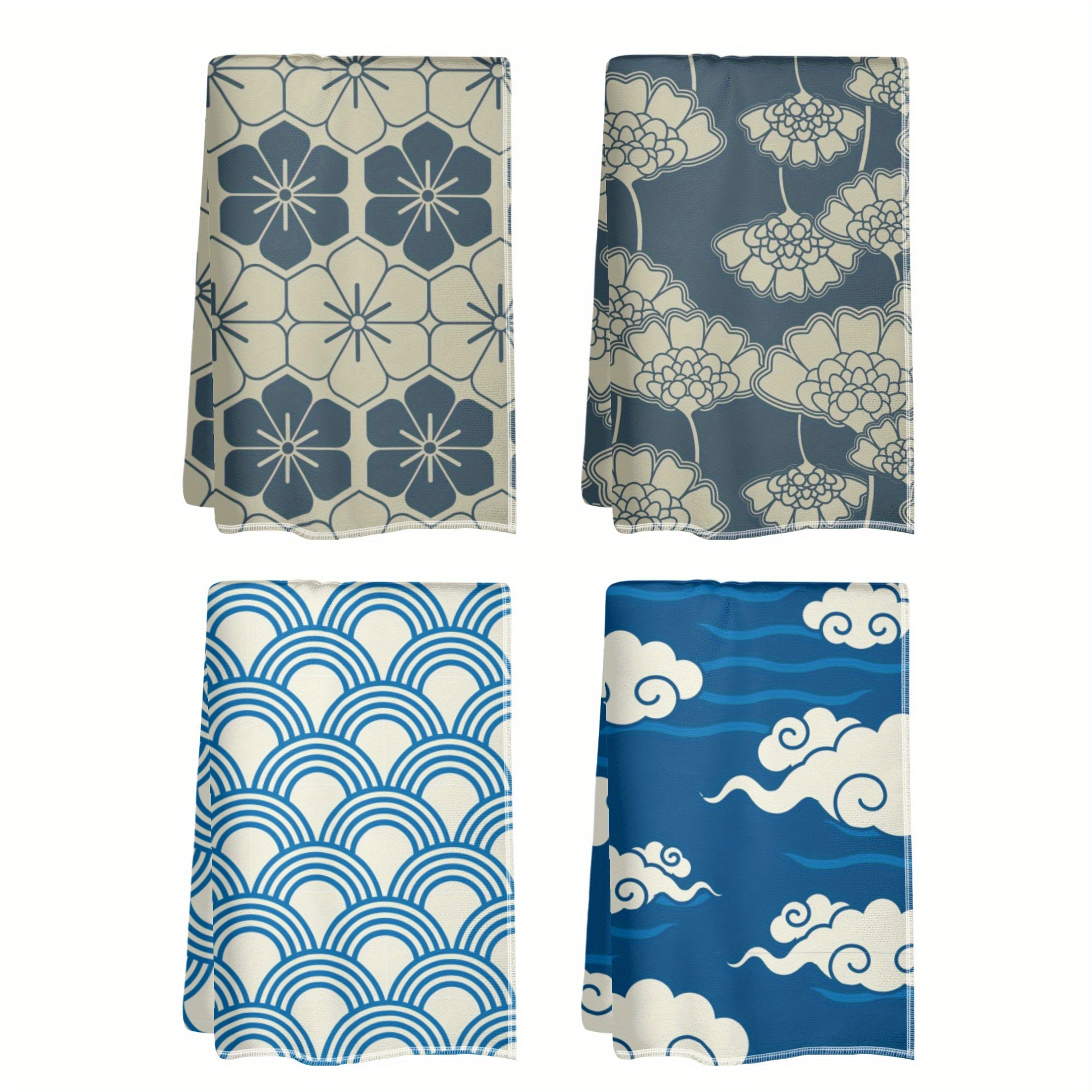 TEMU 4pcs Set Of Polyester Kitchen Towels - Blue Japanese & Oriental Floral Designs, 18x26 Inches, Machine Washable, Breathable For Cooking & Dining Dish Towels For Kitchen