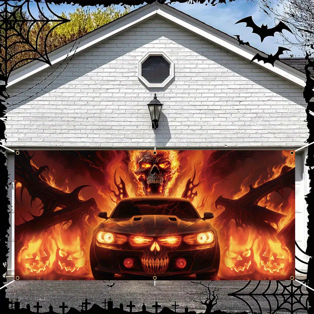 

Spooky Garage Door Banner - Large Polyester Outdoor Decoration With Flame Monster, & Jack-o-lantern Designs - & Vibrant For Trick Or Treat Parties