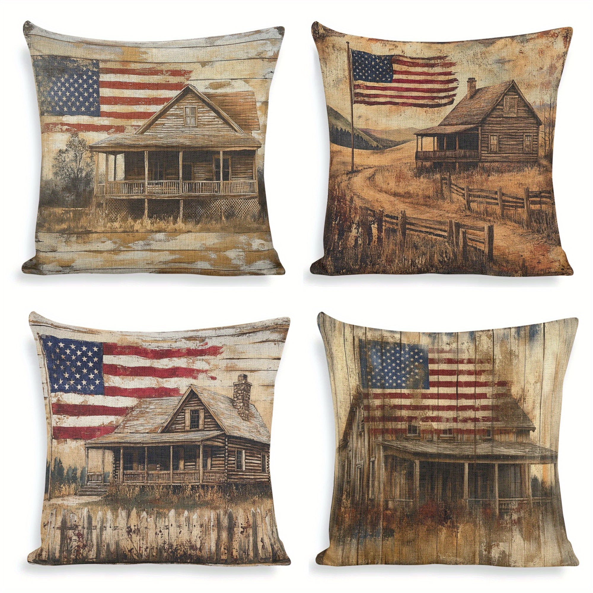 

4pc American Flag Barn Throw Pillow Covers Set, 18x18 Inch, Linen, Zipper Closure, Hand Wash, Woven Linen Pillowcases For Sofa, Chair, Bed, Living Room, Office - Contemporary Style Cushion Covers