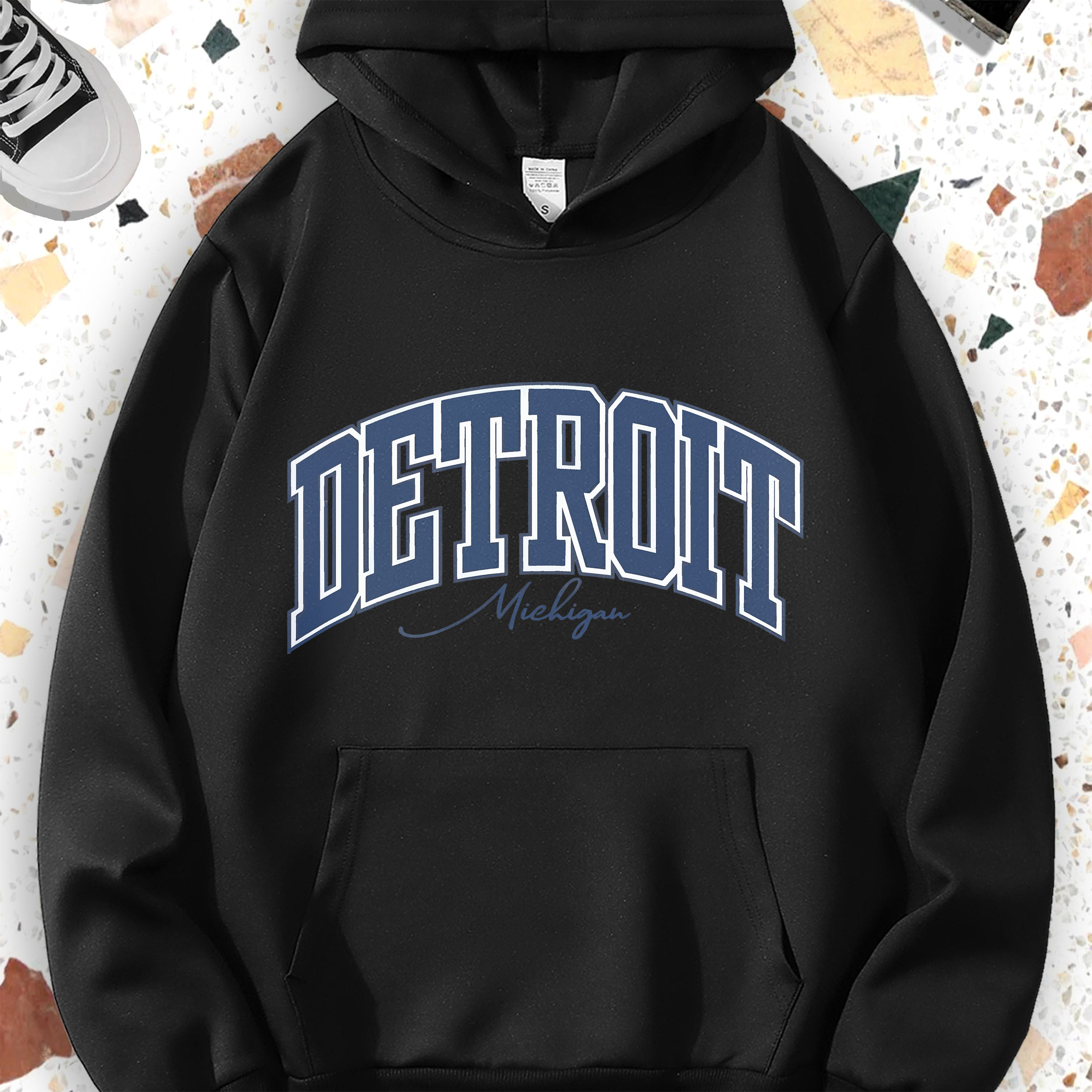 

Detroit Classic Art Letter Graphic Polyester Pullover Hoodie - Casual Crew Neck Sweatshirt With Front Pocket For Adults, Slight Stretch Knit Fabric, Long Sleeve - All Season Comfort