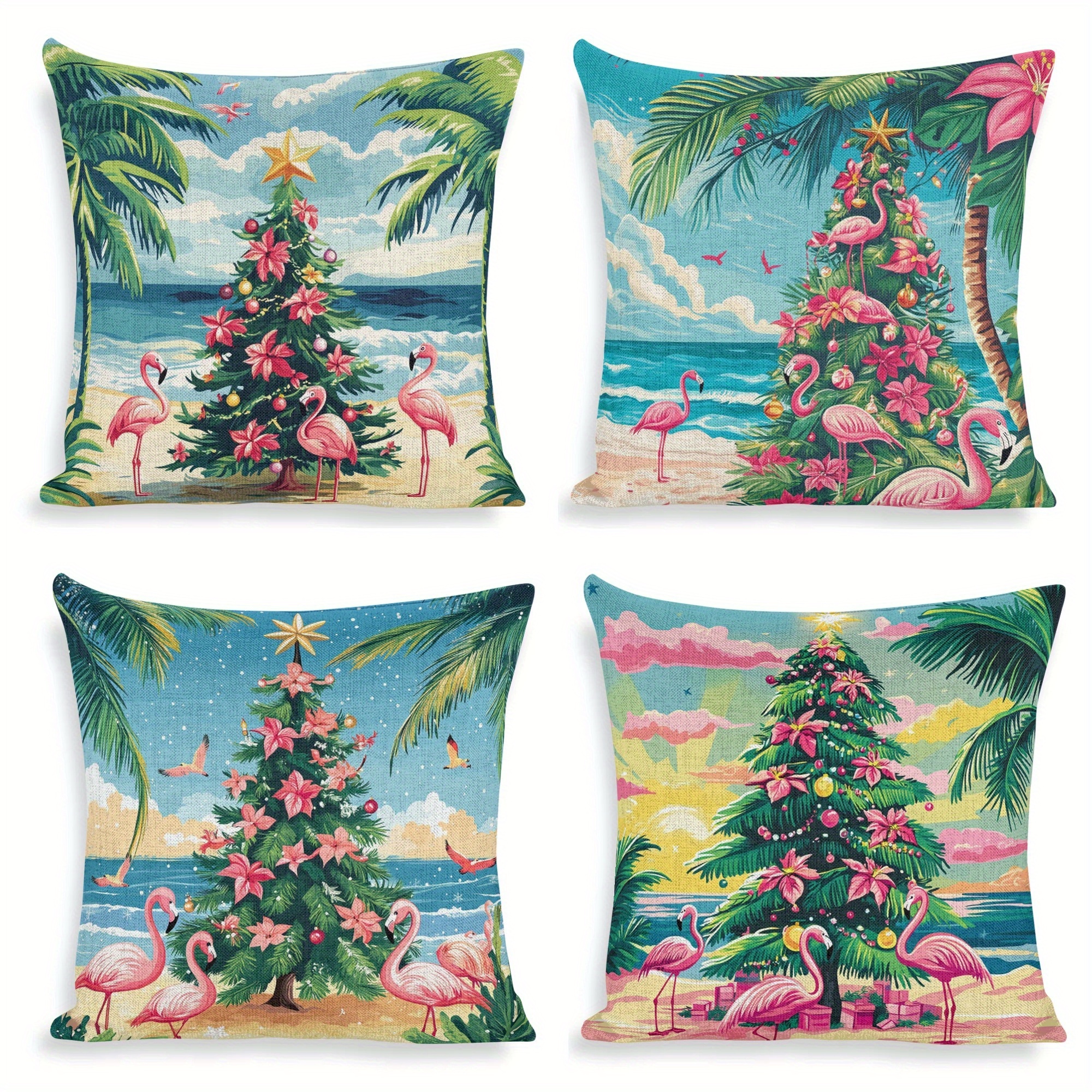 

4pcs Set Christmas Tree & Flamingo Palm Leaf Pillow Covers - 18x18 Inch Square, Zip Closure, Hand Washable Polyester Cushion Cases For Sofa, Bedroom, Car, And Office Decor