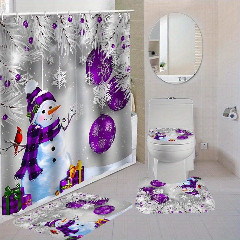 

Festive Christmas Bathroom Set: 1pc/4pcs Waterproof Shower Curtain, Toilet Seat Cover, Bath Mats & Rugs With 12 Hooks - Polyester Fabric, Washable, Non-slip, Jit Open