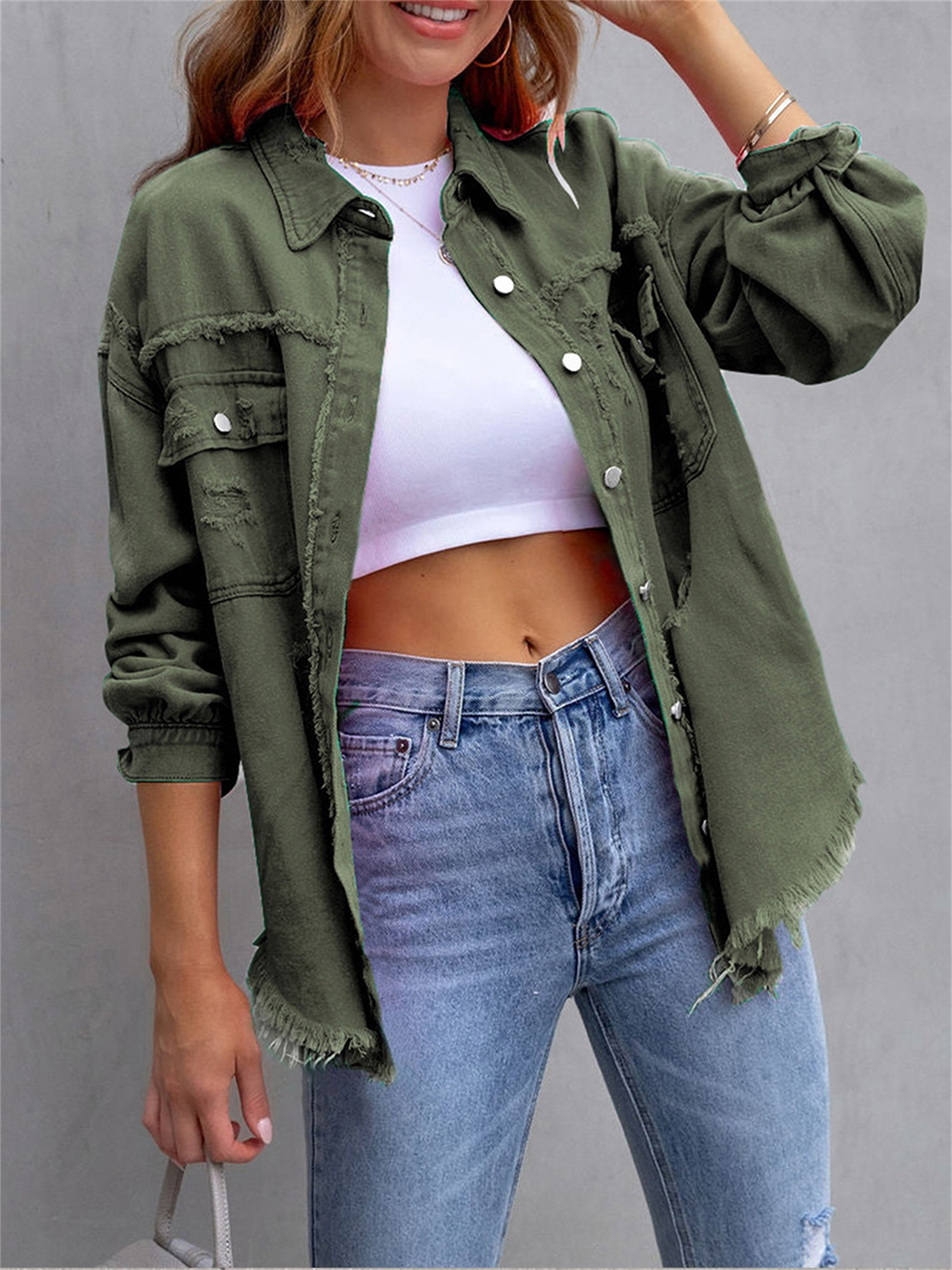 Plus Size Olive Green Denim Jacket for Women Casual Long Sleeve Button-Up  with Frayed Hem, Machine Washable, Ideal for Spring Autumn, Plus Size De