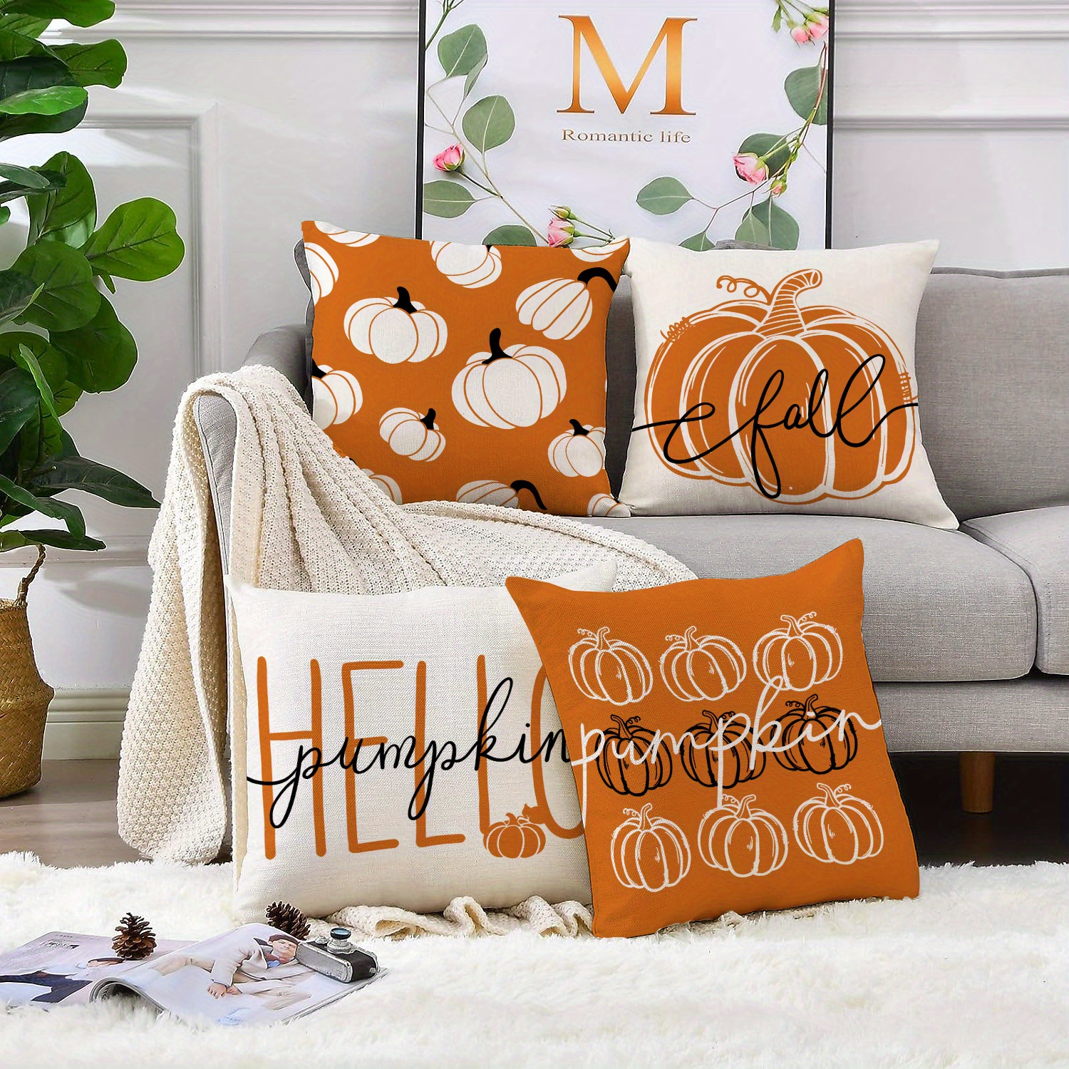 

Festive Pumpkin Linen Pillow Covers - Set Of 4, Contemporary Style, Printed Design, Suitable For Living Room, Bedroom, Or Sofa, 45cm/17.7inch, Only Covers Included, No Inserts