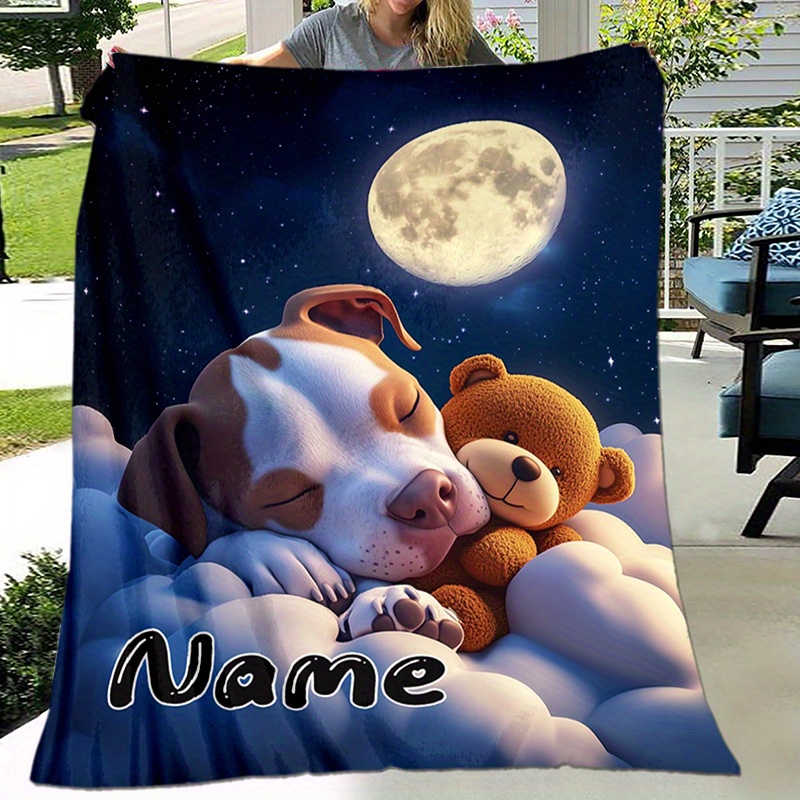 

Custom Name Flannel Fleece Throw Blanket And Bear Design, Glam Style, All-season Knitted Polyester, Digital Print, Ideal For Napping, Camping, And Travel - Personalized Gift For Family And Friends