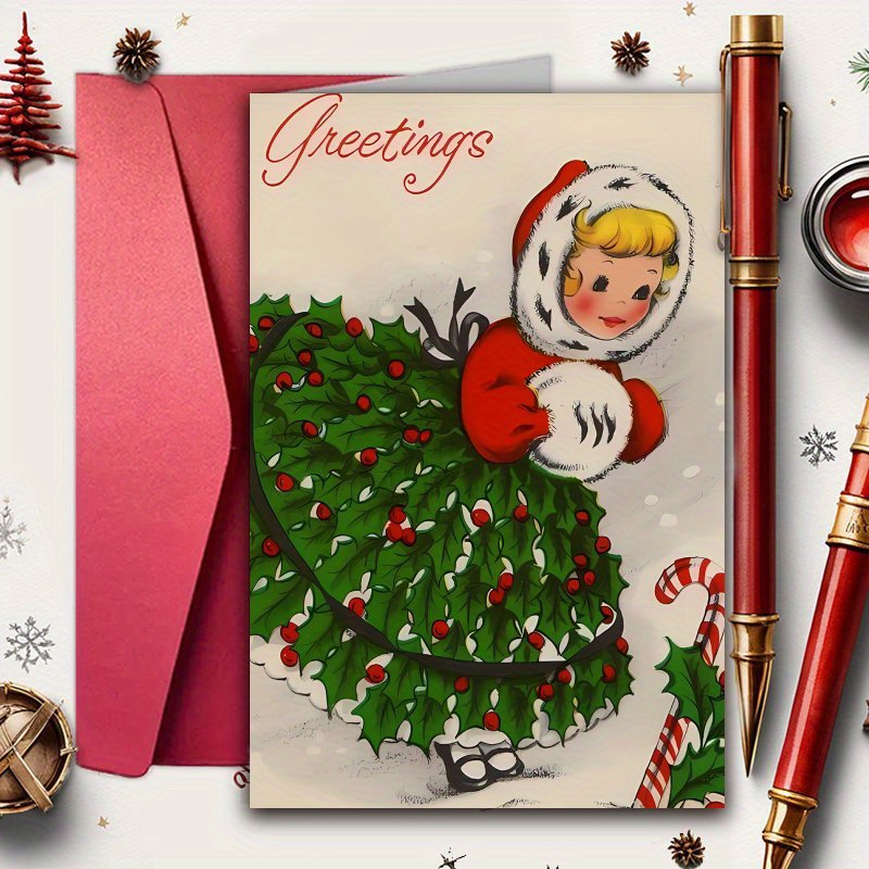 

Vintage Christmas Girl Greeting Card 1pc – Cute Holiday Blessing Card For Friends, Husband, Wife, Family – Paper Craft Retro Christmas, Birthday, , – No Power Needed