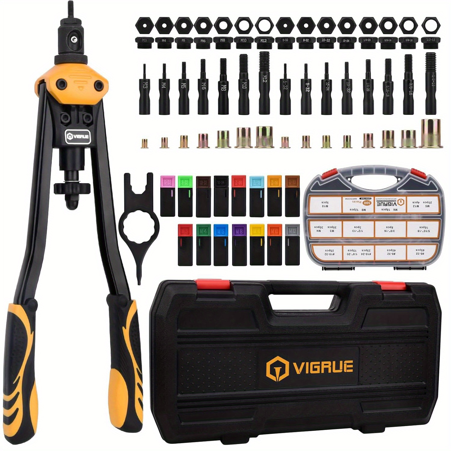 TEMU Vigrue 16'' Rivet Nut Tool Kit Nutserts Rivnut Hand Tool Set With 15pcs Metric & Inch Mandrels M3 To M12, 6-32 To 1/2-13 And 300pcs Metric & Sae Rivet Nuts Assortment