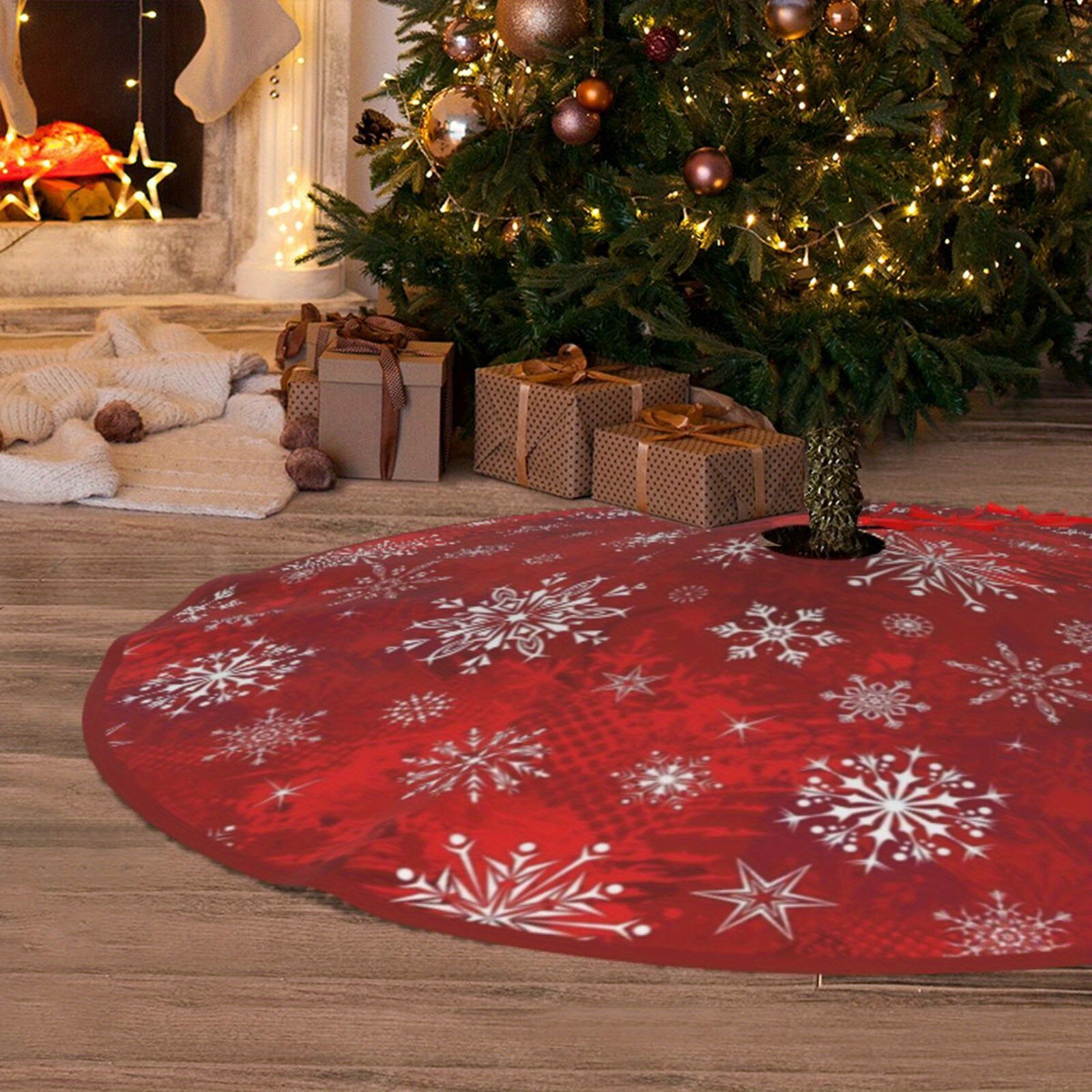 

1-pack Polyester Christmas Tree Skirt With Red Snowflake Design – Festive Holiday Party Tree Mat Cover, Decorative Cover For Indoor Christmas Decoration, No Electricity Needed