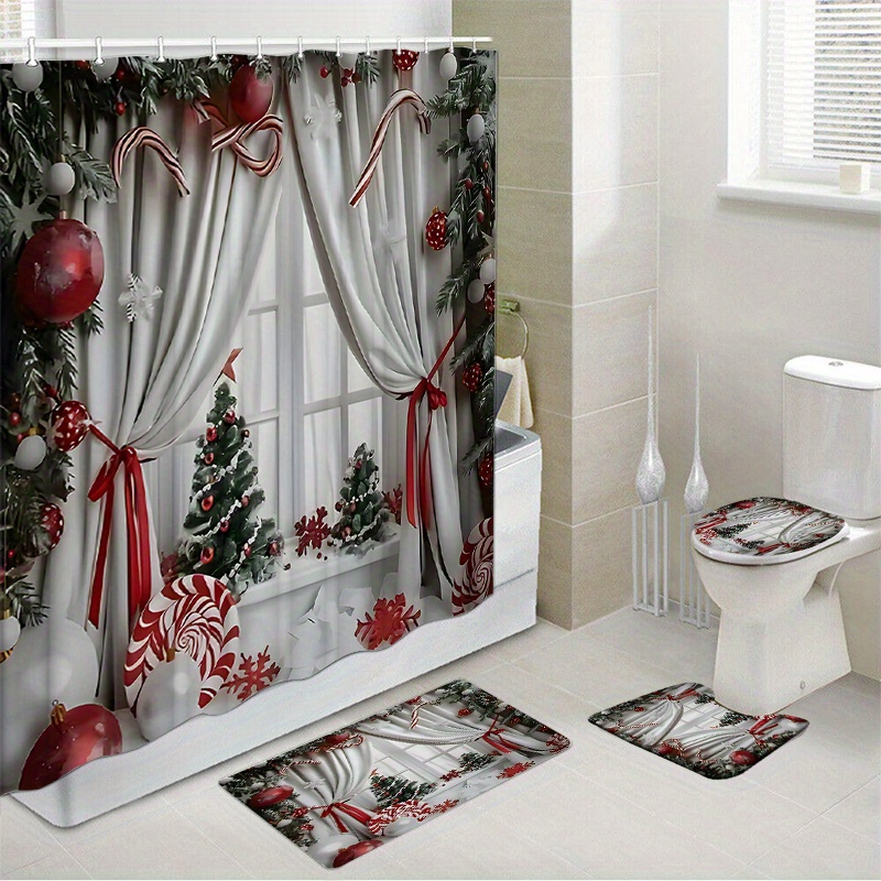 

1pc/4pcs Christmas Waterproof Shower Curtain Set With 12 Hooks And Bath Mats Toilet Covers Seat For Bathroom Non-slip Rug Carpet Polyester Fabric Curtain Bathroom Accessories Home Decor