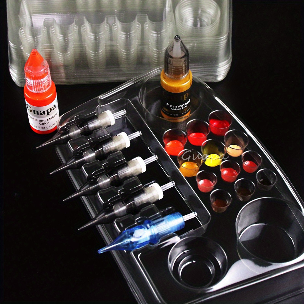 

12pcs Cup Set With Disposable Pigment Trays & Needle Holders - For Professional , No Batteries Required, Tattoo Supplies