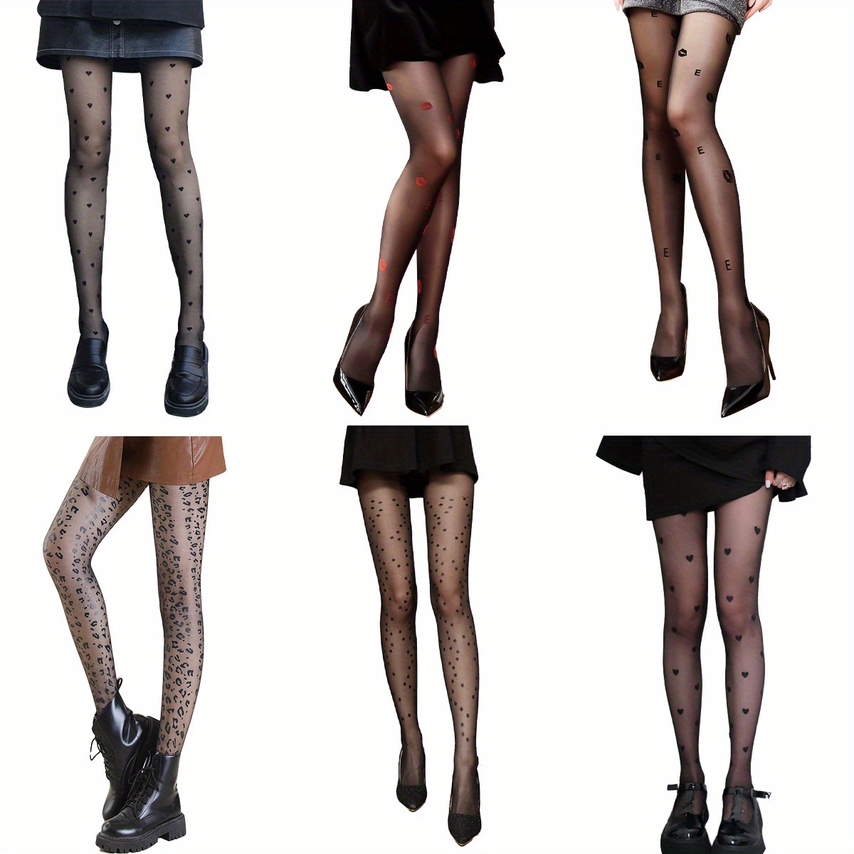 

6 Pairs Set Dot Printing Lip Wetlook Girl Transparent Effect Sock Pants Thin Tights Modern Pantihose Fashion See Through Personalized Hosiery Events Size Plus Black