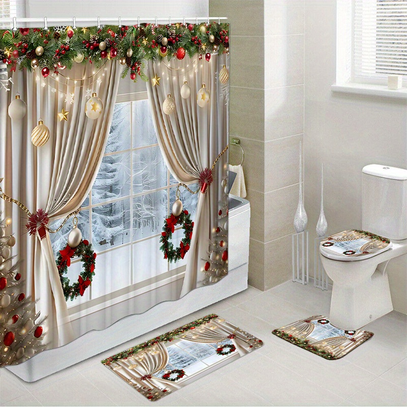 

1pc/4pcs Christmas Shower Curtain Set 12 And Bath Mats For Bathroom Rug Carpet Polyester Curtain Bathroom Accessories ()