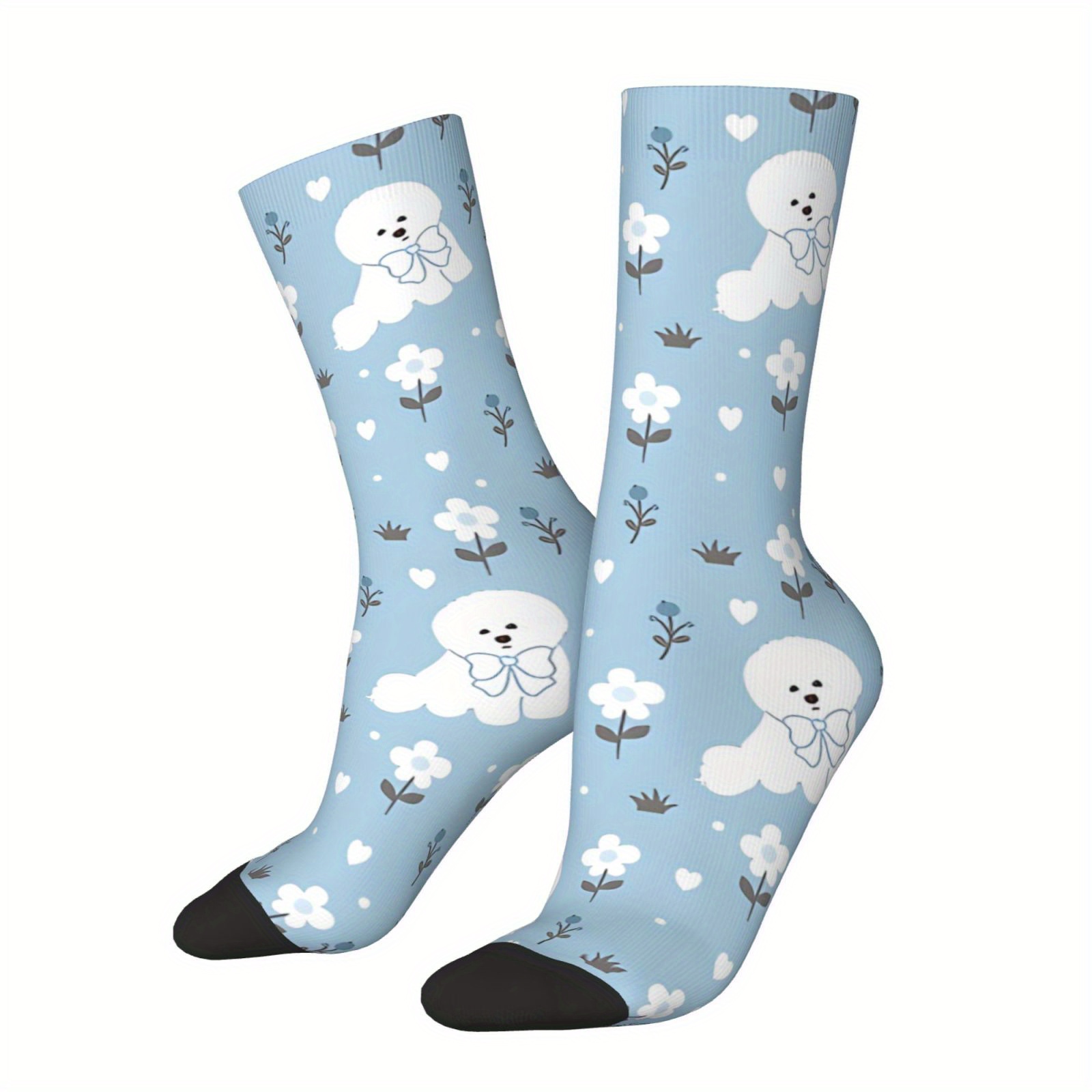 

1 Pair Crew Socks For Men - Knit Polyester Fabric With Elastane, Funny Bichon Frise & Snowy Garden Print, Hip Hop Style, Seamless Novelty Gift Socks With Hand Wash Or Care Instructions