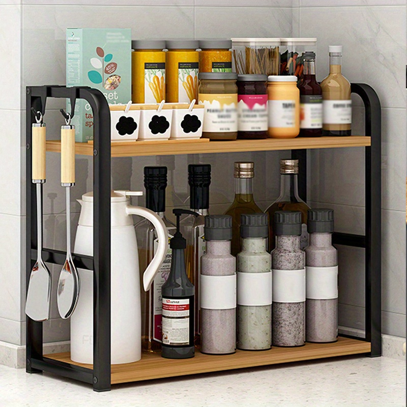 

2-tier Stainless Steel Spice Rack Organizer For Kitchen Countertop, Multi-purpose Freestanding Shelf With Hooks, Modern Tiered Seasoning Storage And Display Stand - 1pc