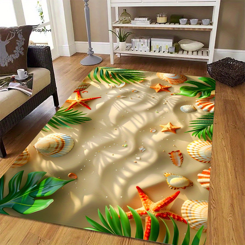 

1pc Beach Seashell Starfish Soft Thick Printed Carpet, Non-slip Door Mat, Machine Washable, Polyester Bath Rug For Bathroom, Living Room, Bedroom, Laundry - Home & Room Decor Flannel Sponge