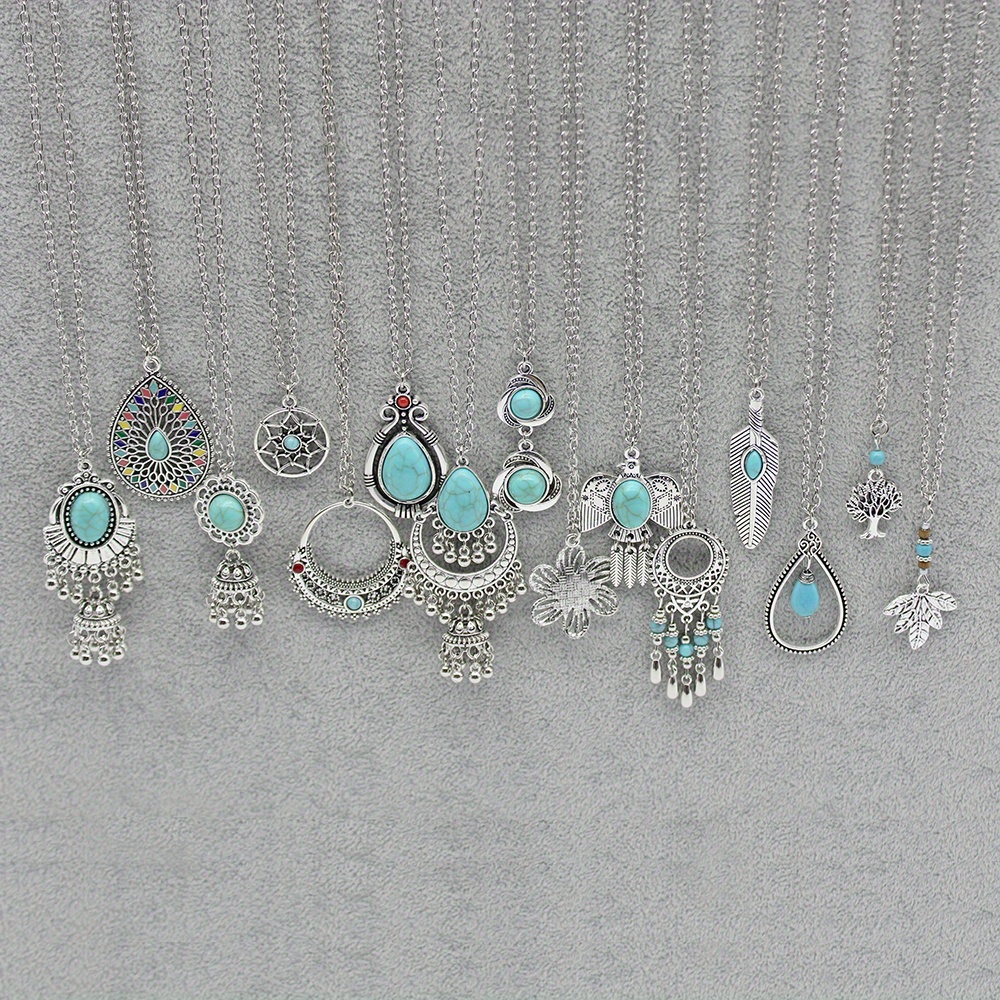 TEMU 15pcs Bohemian Vintage Jewelry Set For - Turquoise Stone Pendants, Ethnic Vintage Necklaces & Boho Accessories, Stone Jewelry For Party Casual Attire, Year-