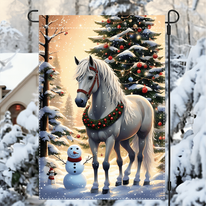 

Jit 1pc Holiday Christmas Welcome Garden Banner - Double-sided Horse & Snowman Design, Durable Polyester, Non-electric, Fade-resistant Burlap Fabric For Outdoor & Courtyard Décor 12x18inch