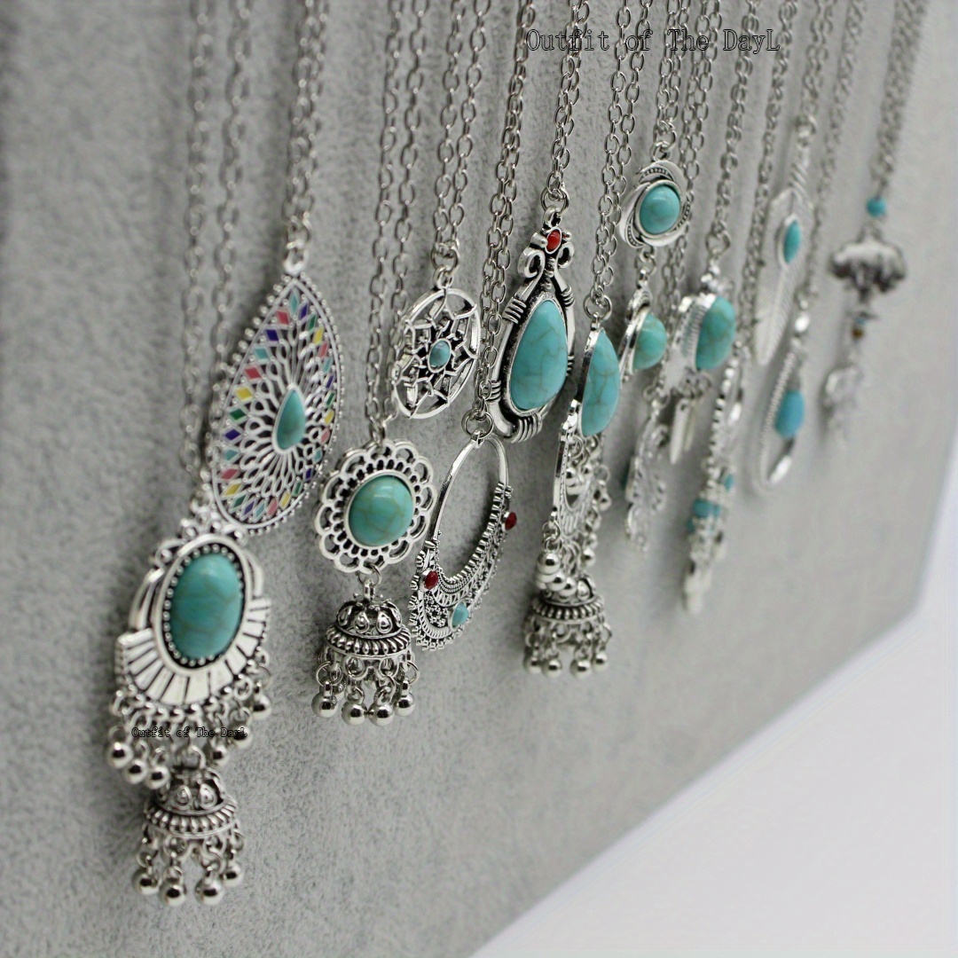 

15pcs/ Set Retro Leaf, Flower, Waterdrop, Geometric Pendant Design Carving Pattern Turquoise Inlaid Pendant Necklace Bohemian Ethnic Style Tourist Souvenir