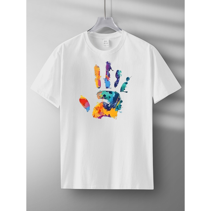 

Men's Casual Cotton T-shirt, Slim Fit, 200g Regular, Round Neck, Short Sleeve, Summer Top, Vibrant Handprint Print, Comfortable Lightweight Fabric, Men's Fashion Tee