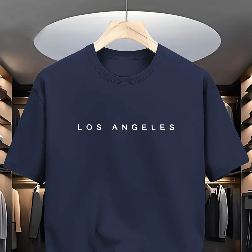 

Los Angeles Letter Print Crew Neck T-shirt For Men, Casual Style, 100% Polyester Knit Fabric, Regular Fit, All-season Short Sleeve Tee