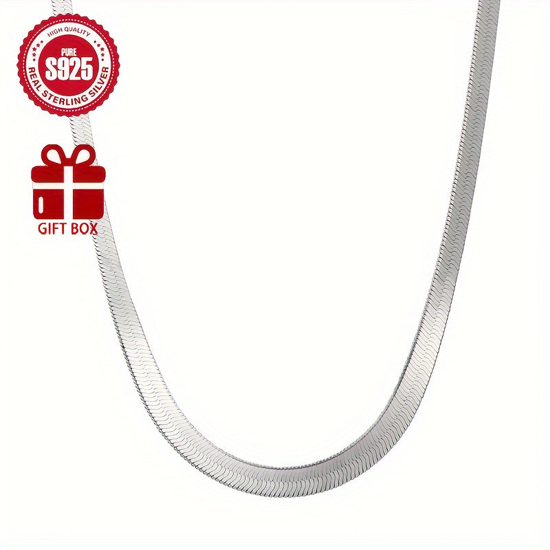 TEMU 2d Flat, 925 Sterling Silver Hypoallergenic Flat Snake Bone Necklace Chain Clavicle Chain For Valentine's Day Gift, With Anti-oxidation Gift Box