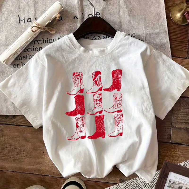 

Boots Print T-shirt, Short Sleeve Crew Neck Casual Top For Summer & Spring, Women's Clothing