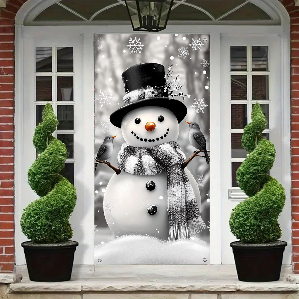 

Charming Black & White Snowman Christmas Door Cover - Versatile Indoor/outdoor Holiday Decoration, Polyester, 35.4 X 70.9 Inches, Christmas Decor