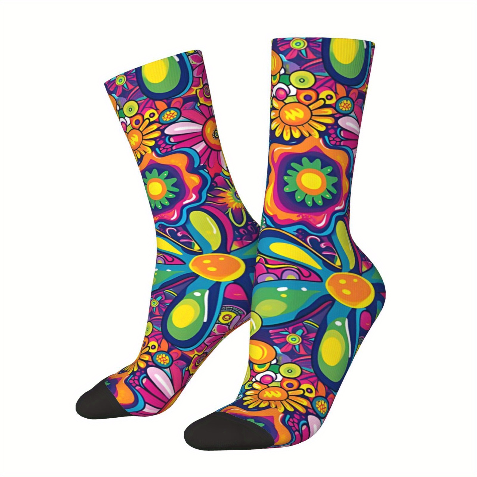 

1 Pair Men's Psychedelic Socks, Retro Style, Hippie Vibes, , Novelty Seamless Crew, Knit With Polyester & Elastane, Hand Wash Or , Random