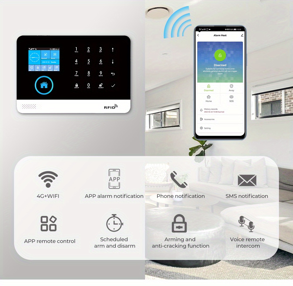 Sistema de seguridad inalámbrico PGST con Alexa, Wifi, GSM 2G, hogar inteligente, anti-robo, sirena, detector de movimiento, sensor de puertas y ventanas, control remoto, teclado RFID - Compatible con Alexa, Android, iOS y más, sistema de seguridad inalámbrico, seguridad en la oficina, diseño moderno, acabado elegante, rendimiento confiable, protección de la propiedad