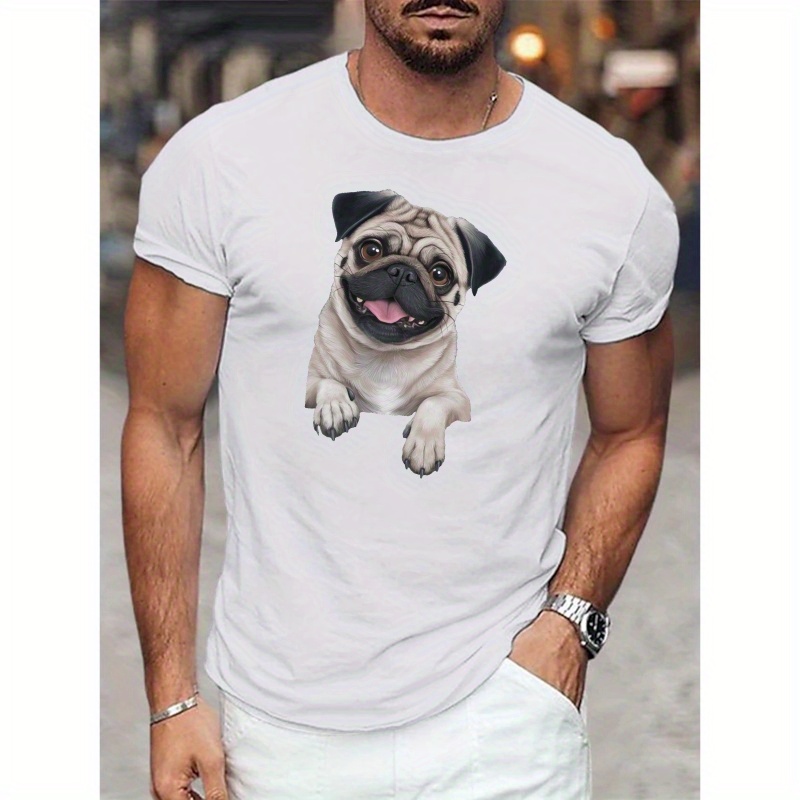 

Casual Polyester Men's T-shirt With Crew Neck, Slight Stretch, Geometric Pug & Pattern, Short Sleeve Knit Fabric Top For Summer