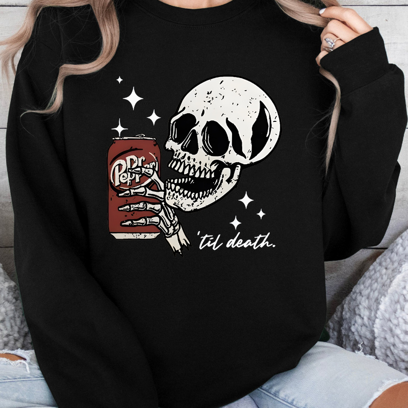 

Women's Graphic Print Sweatshirt, Crew Neck Casual Pullover For Winter & Fall, Knitted Polyester, Cartoon Skeleton With , Adult Unisex Hoodie, Round Neck, No Stretch, Ribbed Cuffs & Hem