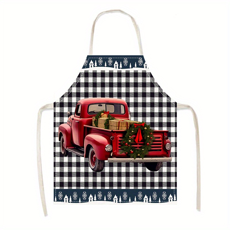 

Christmas Themed Vintage Red Truck Print Apron, 100% Linen Woven Fabric, Unisex Cooking Apron For Home And Kitchen Use, Festive Holiday Design With Tree And Gifts, Stain Resistant, Adjustable Fit