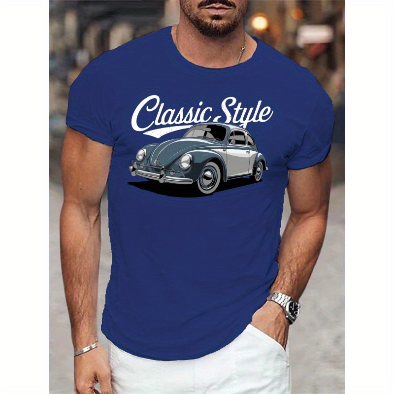 

T-Shirt Homme Imprimé Voiture Vintage - Manches Courtes Décontractées, Polyester Respirant, Lavable en Machine - pour l'Été, Tee-Shirt Imprimé, Tees