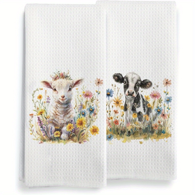 

2-pack Modern Sheep And Cow Floral Kitchen Towels, Soft Polyester, Machine Washable, Rectangular Tea Towels For Dish Drying And Decor, Farmhouse , 18x26 Inches