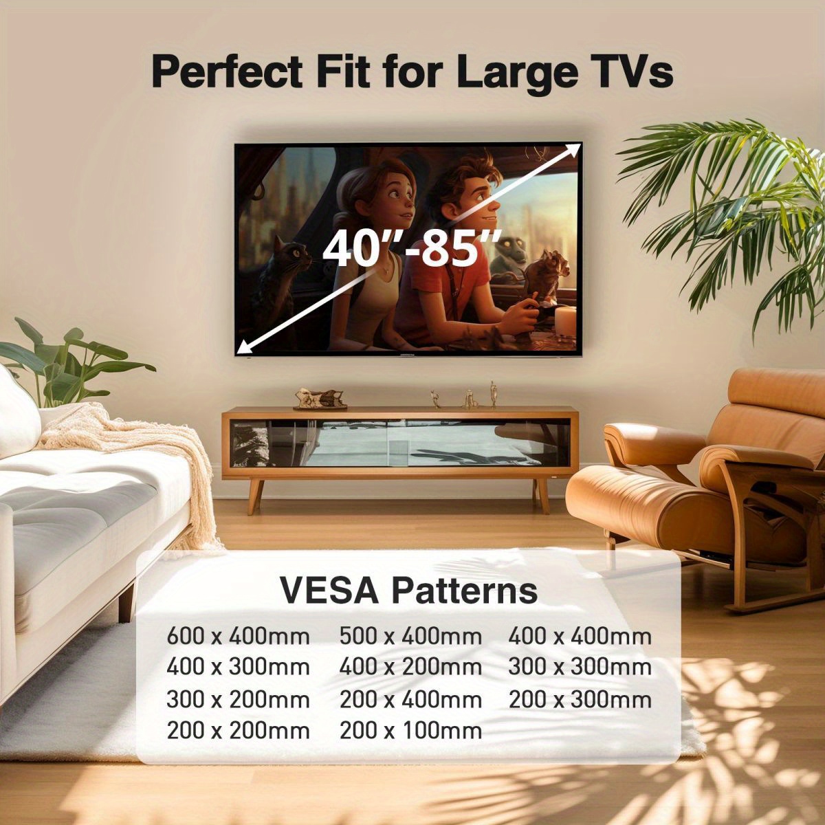 suporte de parede para tv   resistência,   completo, para tvs de 40-86 polegadas, até 132  . compatível com estacas de madeira de 12 /16 , vesa 600x400mm. design compacto para sala,   ou escritório. instalação  , sem ferramentas. detalhes 1