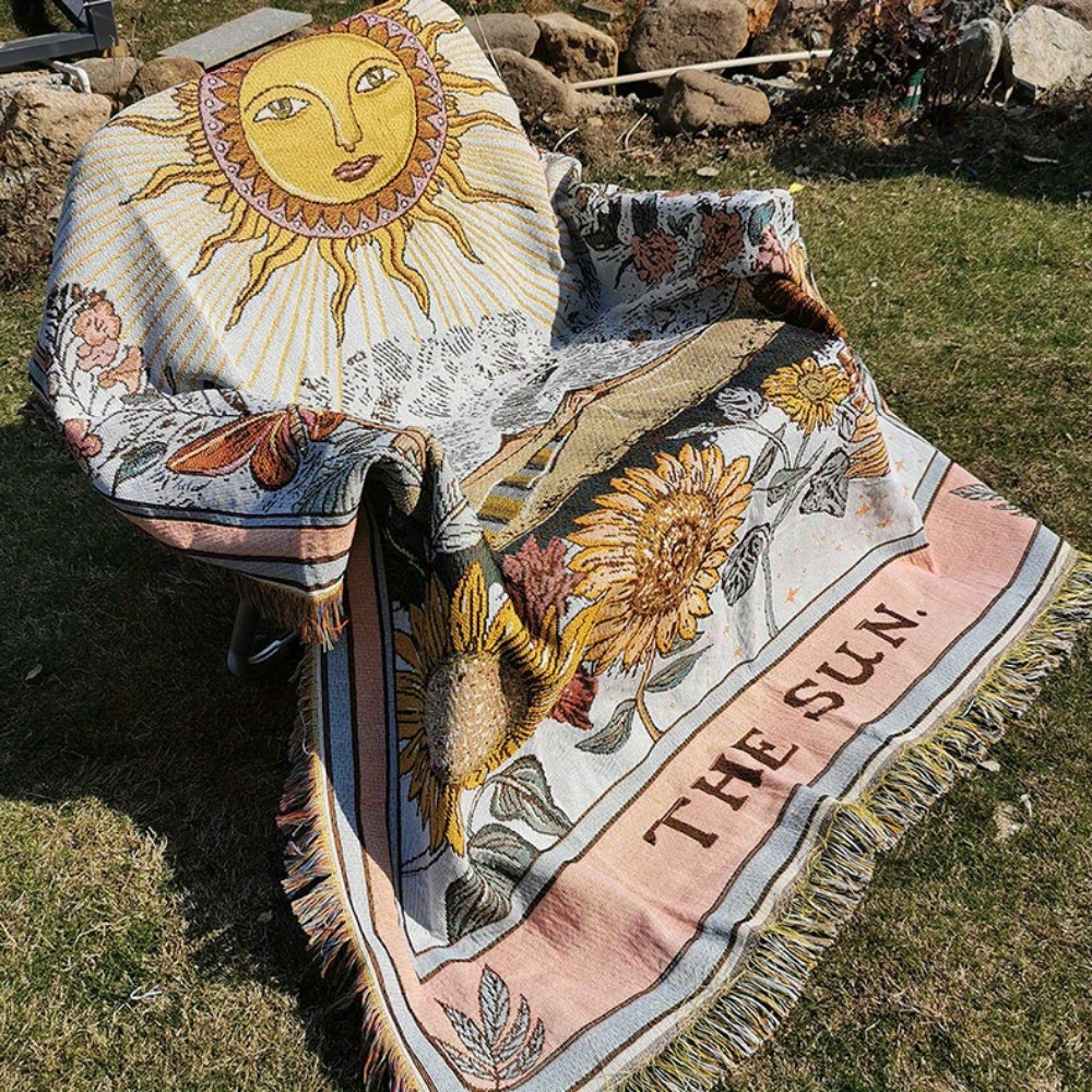 Bohemian Style Camping Blanket With Sun Pattern, Picnic Blanket, Sofa Blanket, Tapestry