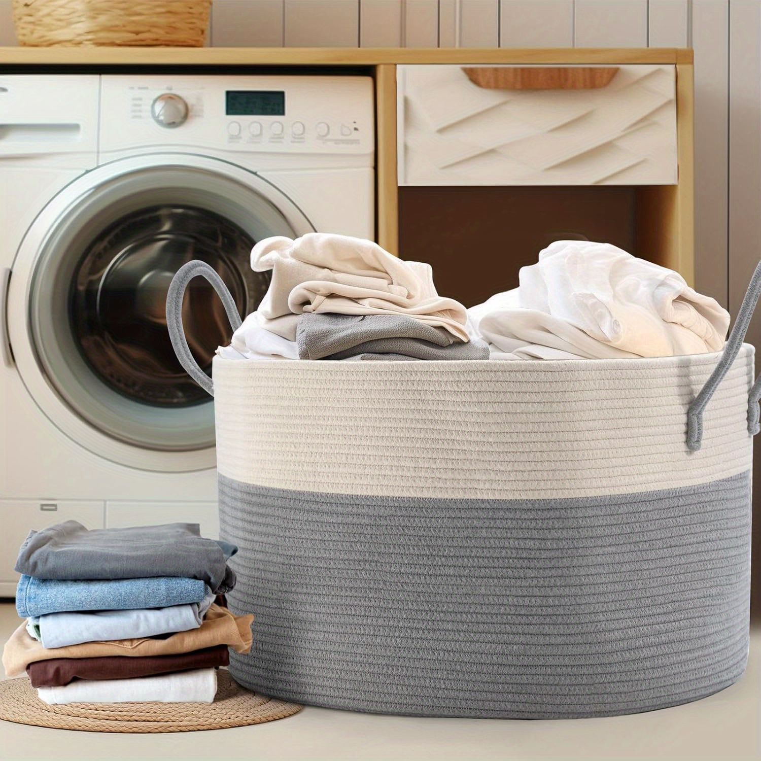 Large Blanket Basket (50.8cm x 33.02cm), Baskets for Storage Baby Laundry Hamper, Rope Blanket Basket for Living Room, Laundry, Nursery, Pillows, Baby Chest with Handles (White/ Brown), Laundry Hampers