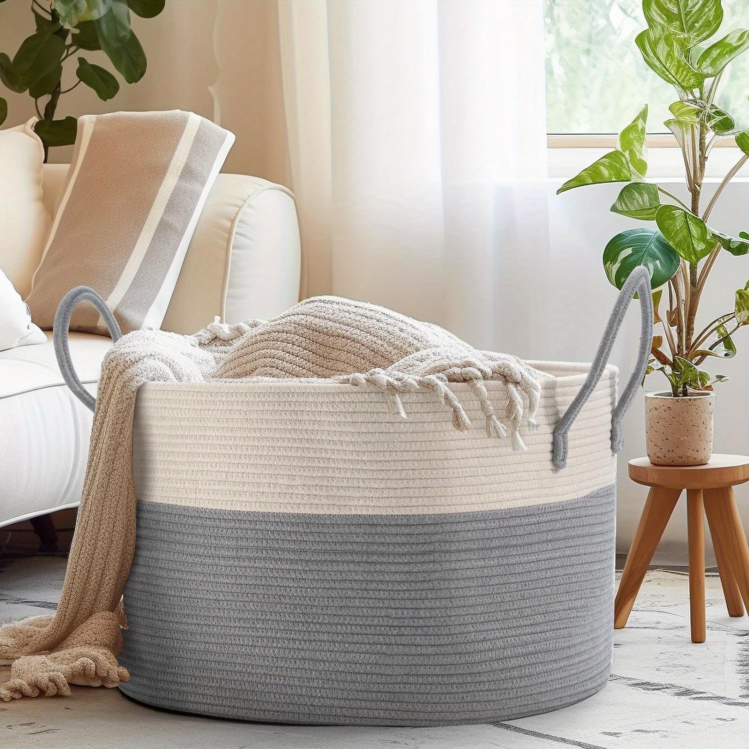 Large Blanket Basket (50.8cm x 33.02cm), Baskets for Storage Baby Laundry Hamper, Rope Blanket Basket for Living Room, Laundry, Nursery, Pillows, Baby Chest with Handles (White/ Brown), Laundry Hampers