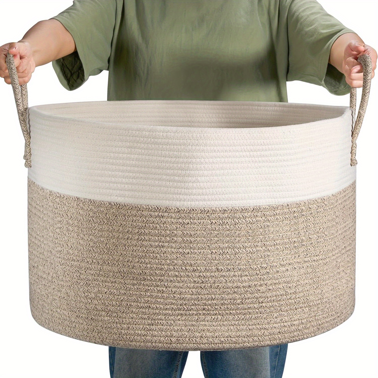 Large Blanket Basket (50.8cm x 33.02cm), Baskets for Storage Baby Laundry Hamper, Rope Blanket Basket for Living Room, Laundry, Nursery, Pillows, Baby Chest with Handles (White/ Brown), Laundry Hampers