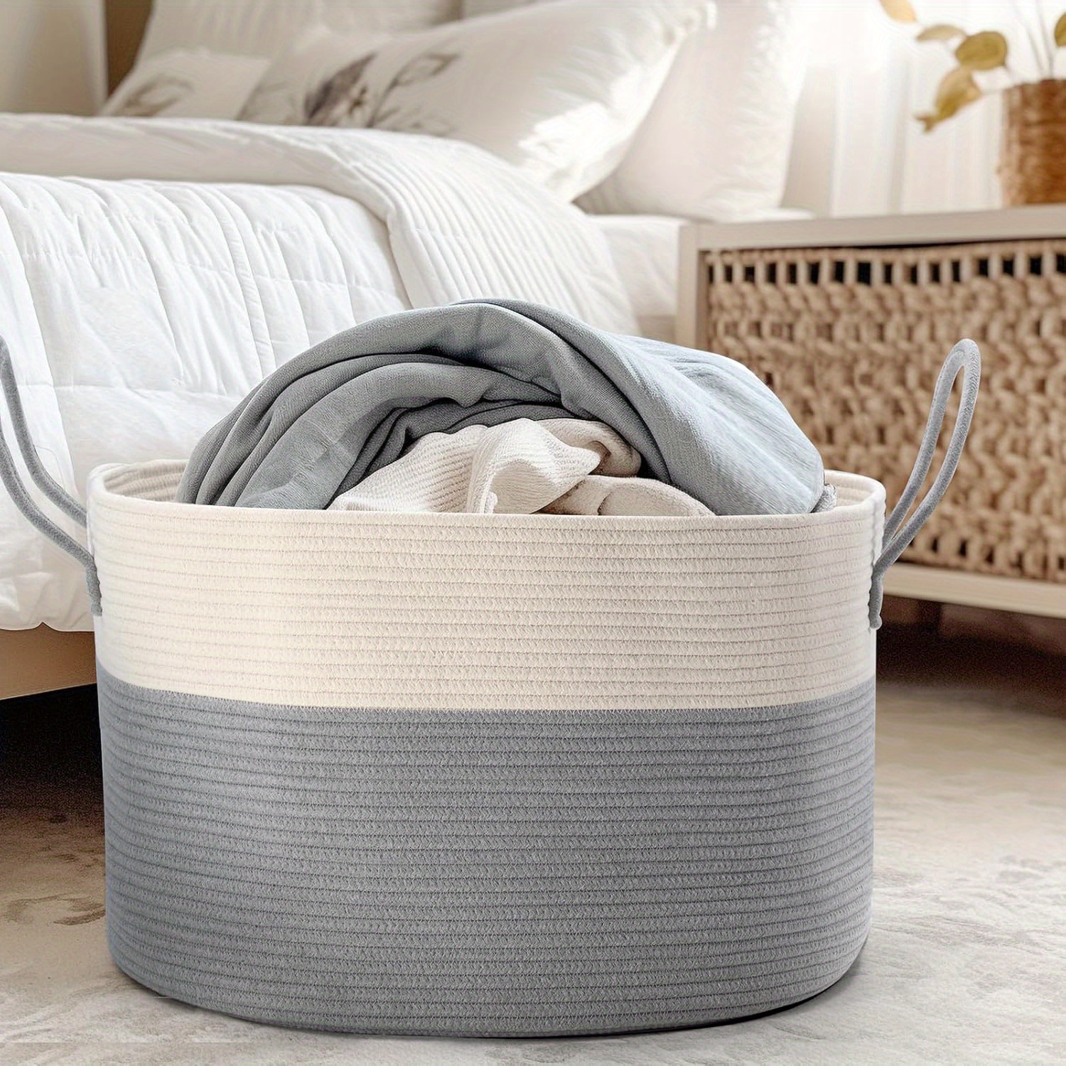 Large Blanket Basket (50.8cm x 33.02cm), Baskets for Storage Baby Laundry Hamper, Rope Blanket Basket for Living Room, Laundry, Nursery, Pillows, Baby Chest with Handles (White/ Brown), Laundry Hampers