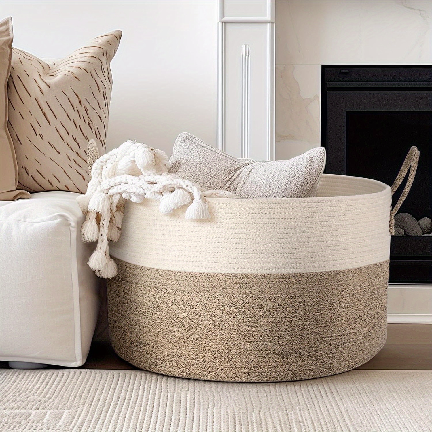 Large Blanket Basket (20"x13"), Baskets For Storage Baby Laundry Hamper, Rope Blanket Basket For Living Room, Laundry, Nursery, Pillows, Baby Chest With Handles (white/ Brown), Laundry Hampers