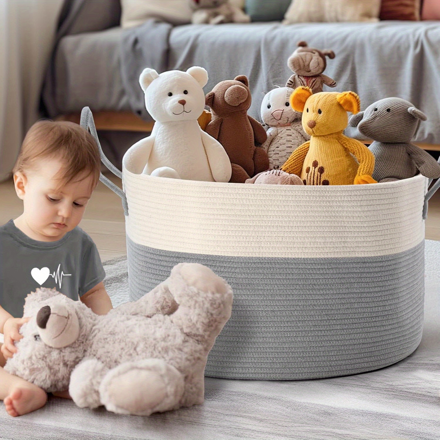 Large Blanket Basket (50.8cm x 33.02cm), Baskets for Storage Baby Laundry Hamper, Rope Blanket Basket for Living Room, Laundry, Nursery, Pillows, Baby Chest with Handles (White/ Brown), Laundry Hampers