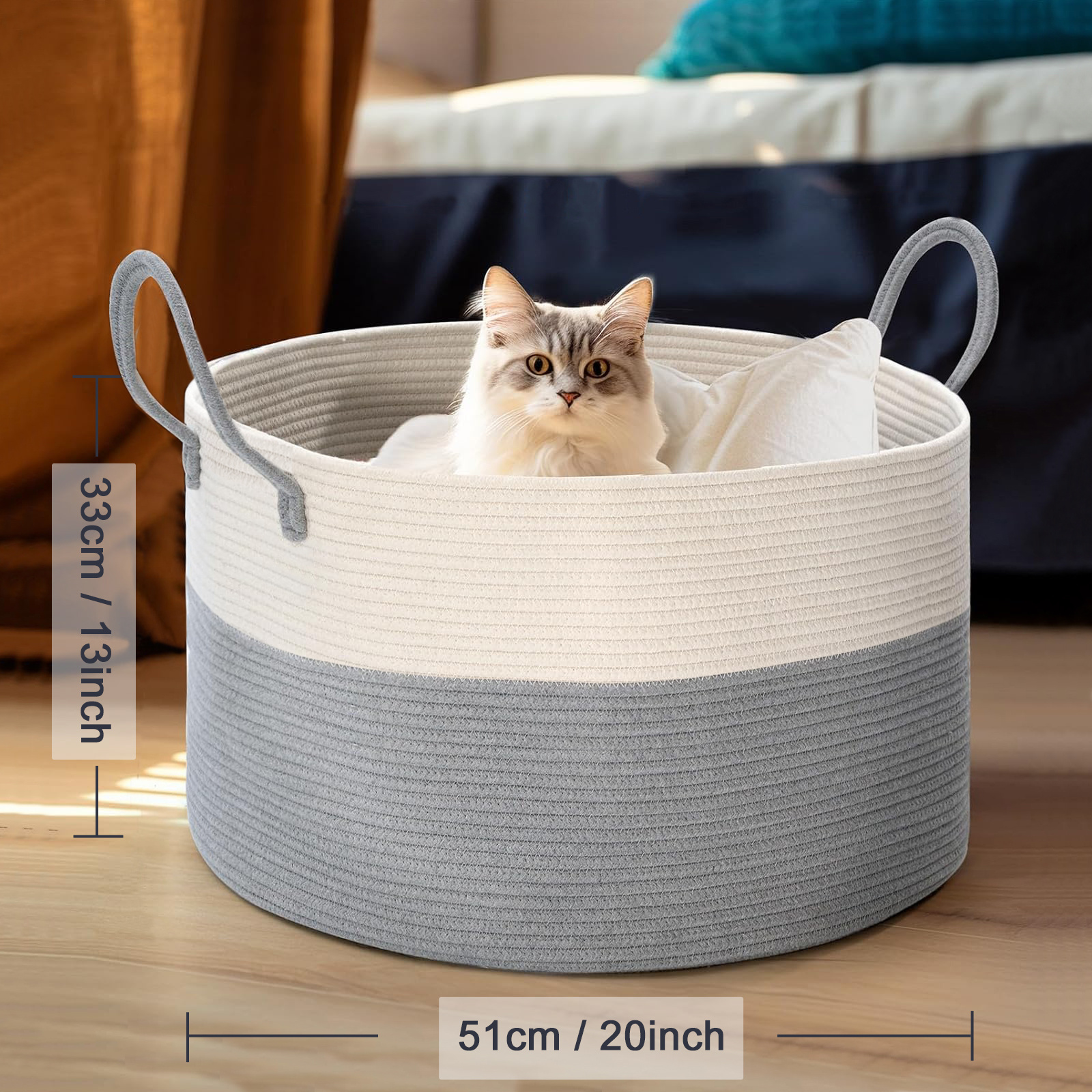 Large Blanket Basket (50.8cm x 33.02cm), Baskets for Storage Baby Laundry Hamper, Rope Blanket Basket for Living Room, Laundry, Nursery, Pillows, Baby Chest with Handles (White/ Brown), Laundry Hampers