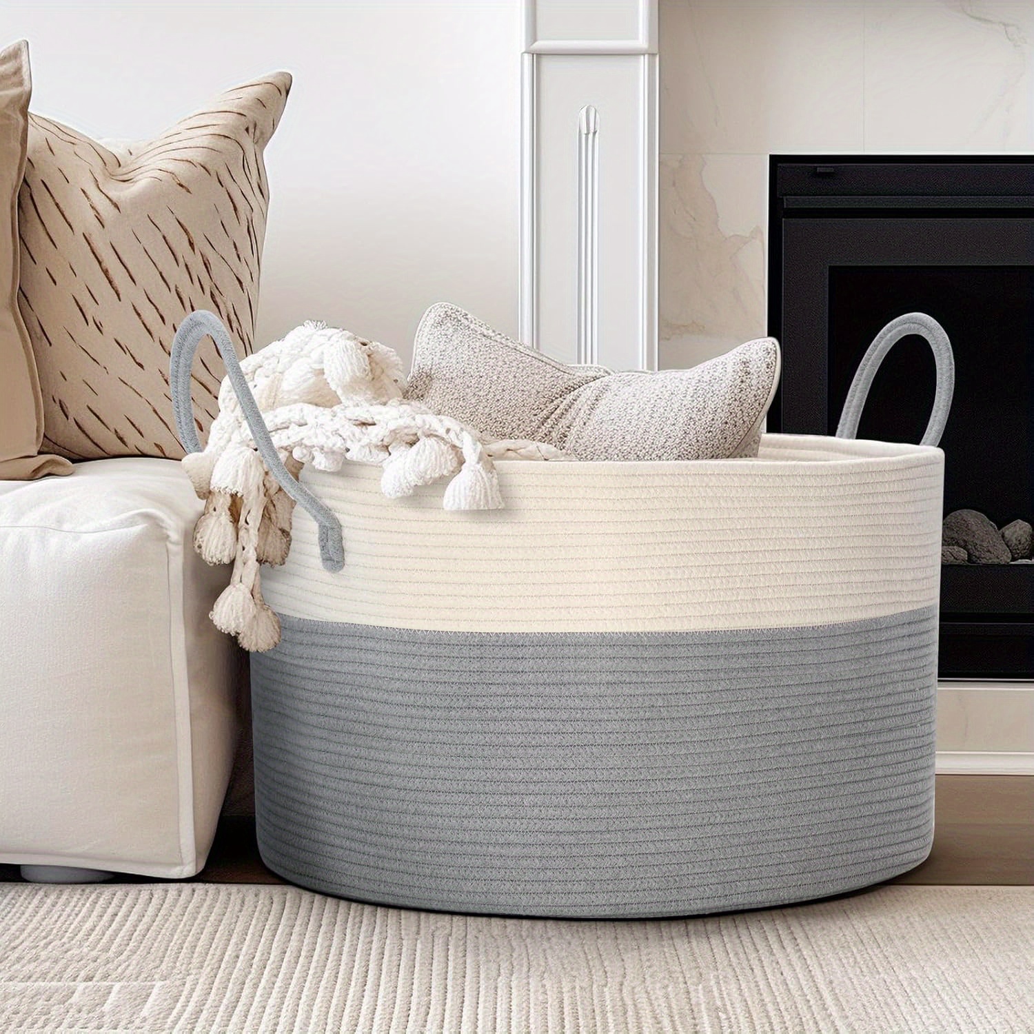 Large Blanket Basket (50.8cm x 33.02cm), Baskets for Storage Baby Laundry Hamper, Rope Blanket Basket for Living Room, Laundry, Nursery, Pillows, Baby Chest with Handles (White/ Brown), Laundry Hampers