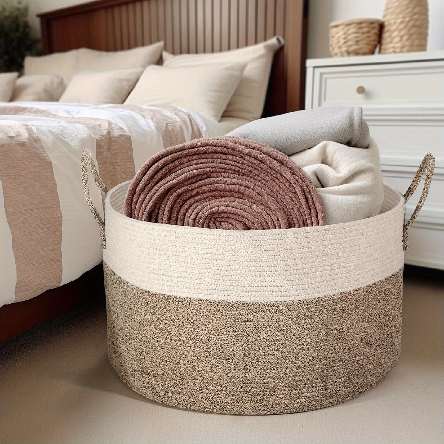 Large Blanket Basket (50.8cm x 33.02cm), Baskets for Storage Baby Laundry Hamper, Rope Blanket Basket for Living Room, Laundry, Nursery, Pillows, Baby Chest with Handles (White/ Brown), Laundry Hampers
